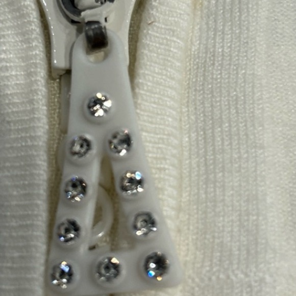 Ivory Ribbed Rhinestone Zip-Up Sweater S - Picture 3 of 6